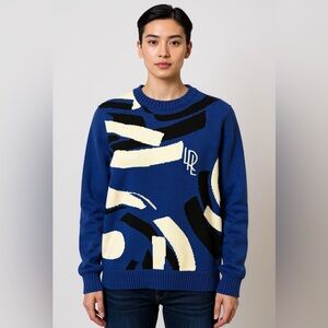 💙 Lauren Ralph Lauren Blue With Black and White Graphic Knit Sweater Monogramed